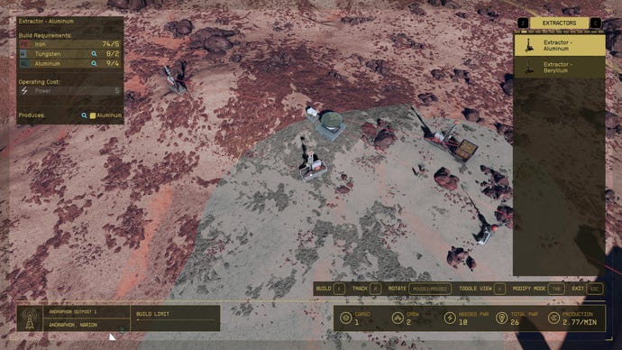 A bird’s eye view of a planet landscape in Starfield as the player expands their outpost across the surface.