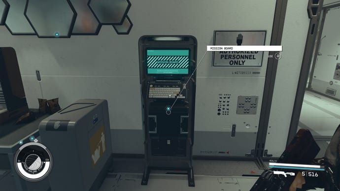 The mission board at Stroud-Eklund Staryard in Starfield.