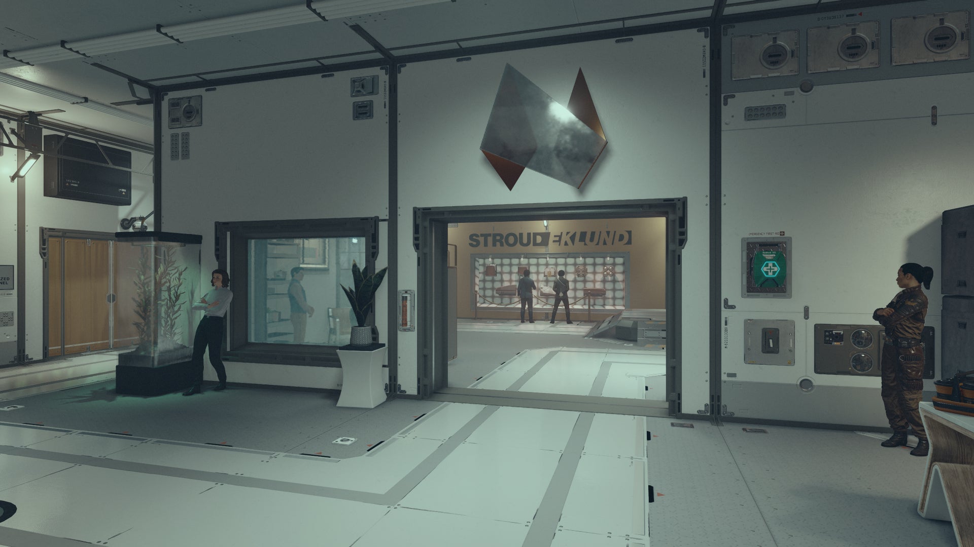 The Stroud-Eklund Staryard lobby for the Overdesigned side mission in Starfield.