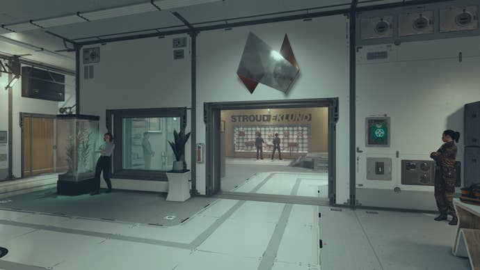 The Stroud-Eklund Staryard lobby for the Overdesigned side mission in Starfield.