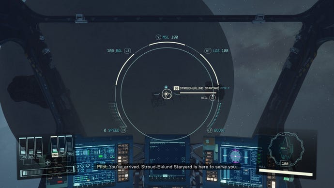 The Stroud-Eklund Staryard floats in space in Starfield.