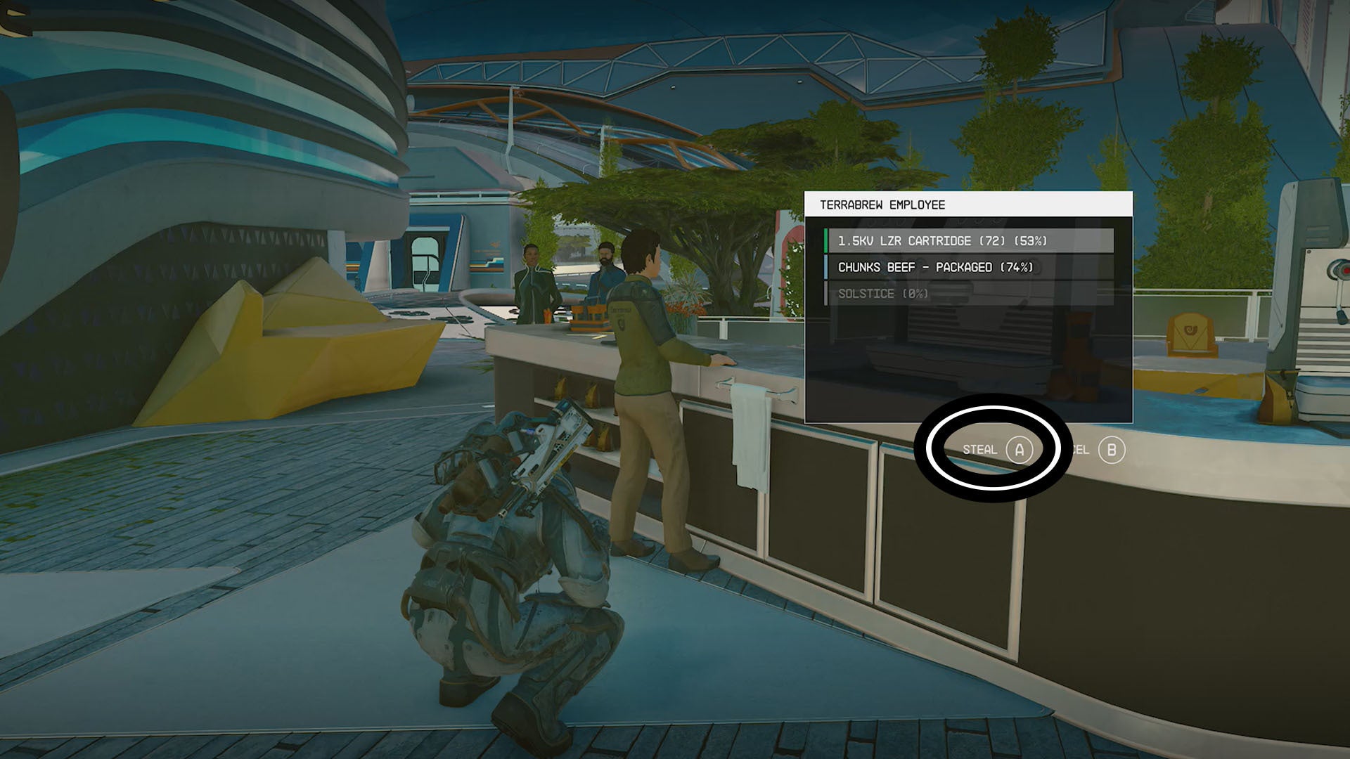 starfield pickpocket steal option highlighted in target inventory
