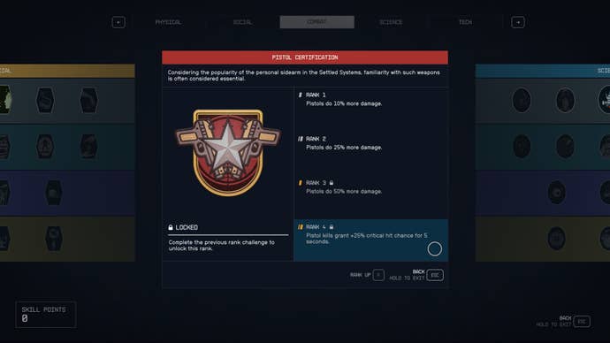 An expanded view of the Pistol Certification skill in the Starfield skills screen, showing the different skill’s ranks and effects.