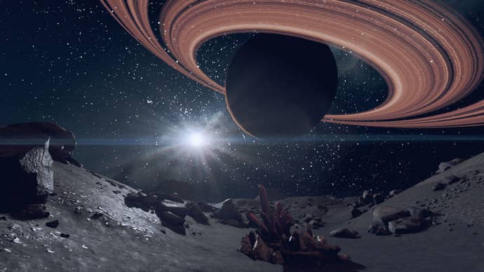 Planet rise on the volcanic moon Grimsey in Starfield; the orange gas giant Deepala dominates the skyline