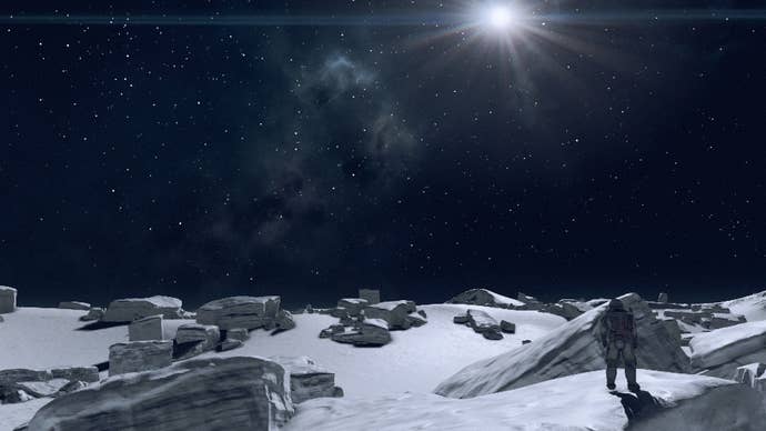 The moon Gryphus in Starfield, a very white barren moon with large square rocks