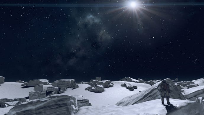 The moon Gryphus in Starfield, a very white barren moon with large square rocks