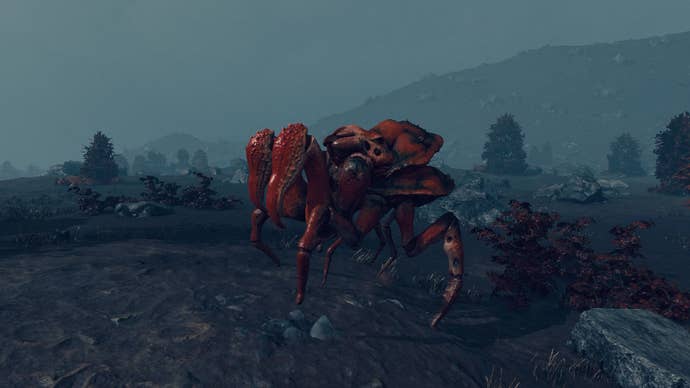 A giant red crab-like creature on the planet Sumati in Starfield