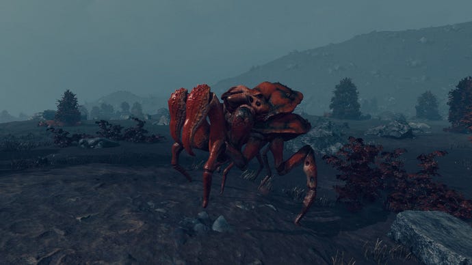 A giant red crab-like creature on the planet Sumati in Starfield