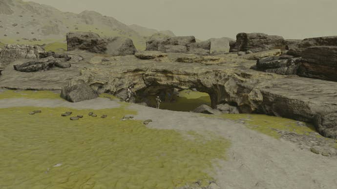 Exploring a rocky overhang on the moon Vectera in Starfield