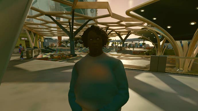 A screenshot from the Starfield Potato Mode mod, showing a character with extremely low textures on their clothing