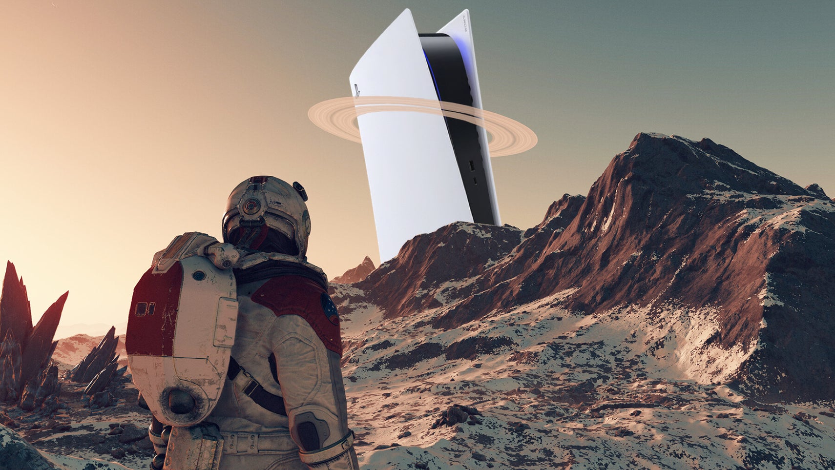 Photoshopped Starfield screenshot showing a player staring at a sci-fi vista with a huge PS5 looming on the horizon, so tall it's encircled by a planet's rings.