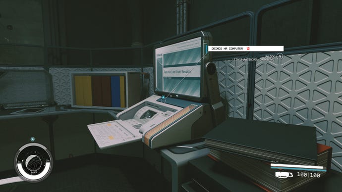 Deimos Mining HR computer to hack for Red Tape Blues in Starfield.