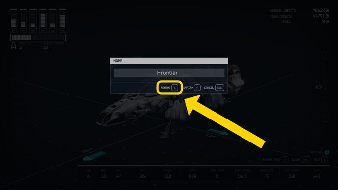 The Starfield ship renaming screen, with the Rename button highlighted in yellow.