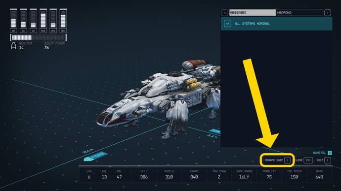 The Starfield Flight Check screen, with the Rename Ship button highlighted in yellow.