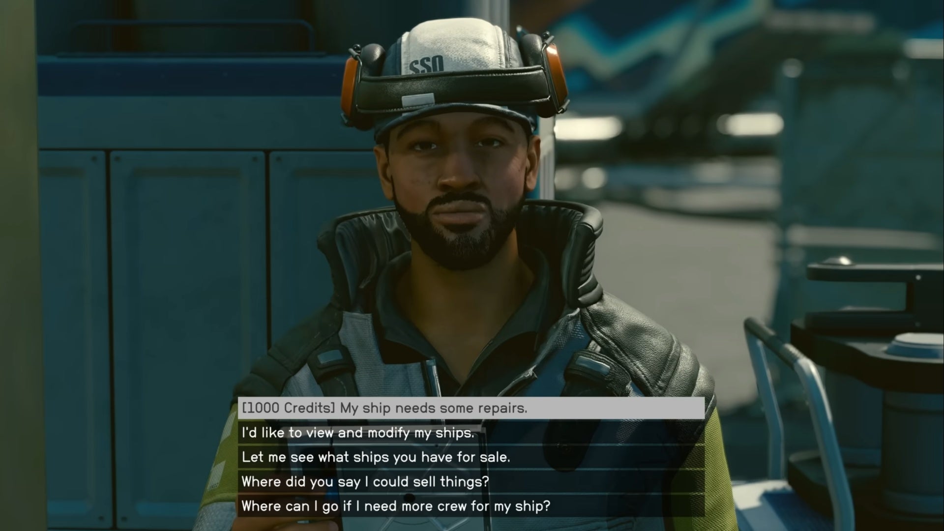 starfield repairing ship with space port technician conversation menu