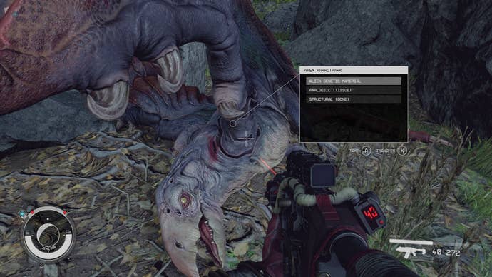 Harvesting structural resource from a Parrothawk in Starfield