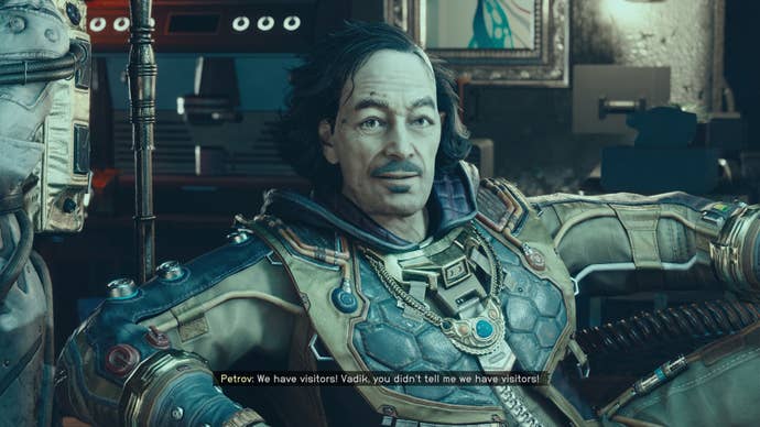 Captain Petrov of the Scow addresses players as they enter an anomaly on his ship in Starfield.