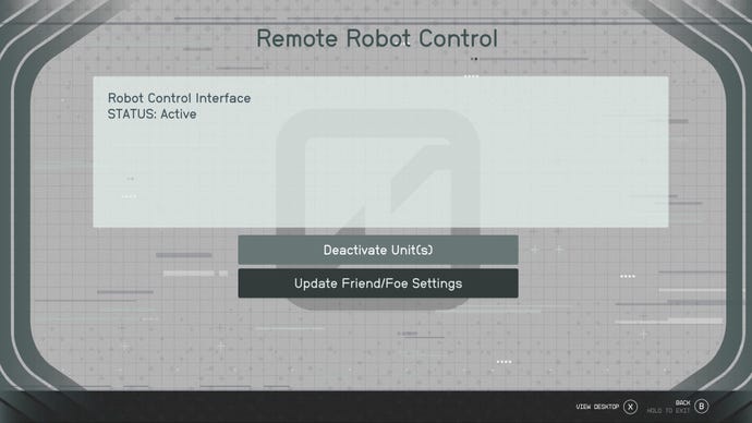 A screen shows players how to deactivate the robots and change the friend and foe settings in Starfield.