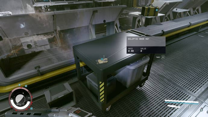 The ecliptic base key is found laying on top of a trolley in Starfield.