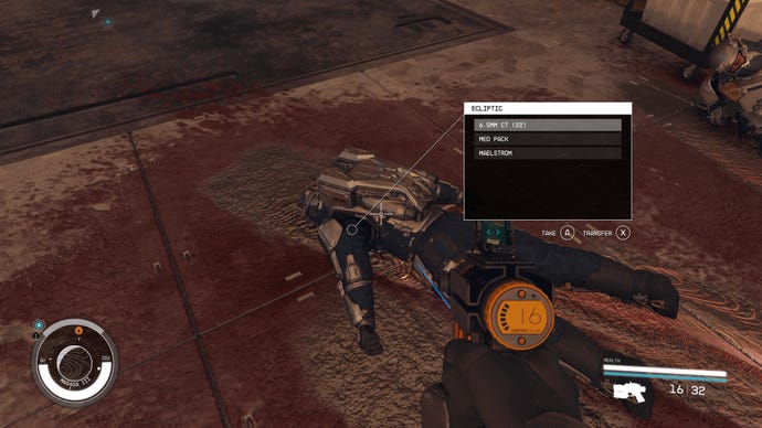 An ecliptic soldier's body is seen on the floor with the list of loot available to take in Starfield.