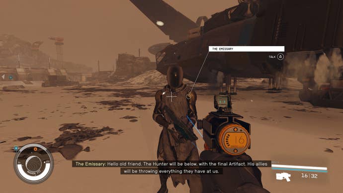 The Emissary greets players as they land on Masada III at the Buried Temple outside their ship in Starfield.