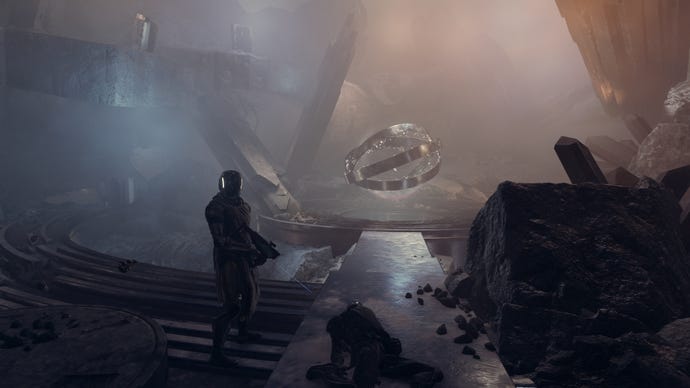 The Emissary stands alongside the body of the Hunter in Starfield.