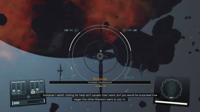 An incoming transmission from the ship, Scorpius in the orbit of Masada III in Starfield.