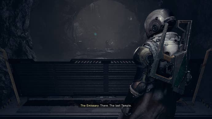 Players descend the lift to the Buried Temple with the Emissary in Starfield.