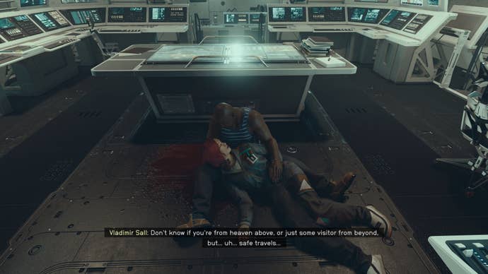 Vladimir Sall holds the player’s dead body in his arms in an alternate universe in Starfield.