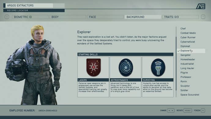 The character creation screen in Starfield, showing the ‘Explorer’ background choice