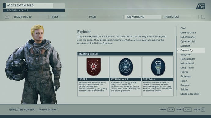The character creation screen in Starfield, showing the 'Explorer' background choice