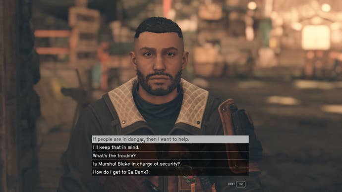 A conversation with a guard in Akila City, who has warned the Starfield player that there’s a bank robbery in progress