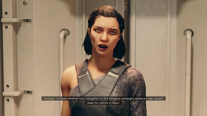 Andreja talks to you about considering the conflict between Freestar Ranger duty and getting by in Neon.