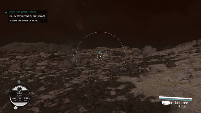 A Starfield screenshot showing the scanner view of an extremely brown planet.