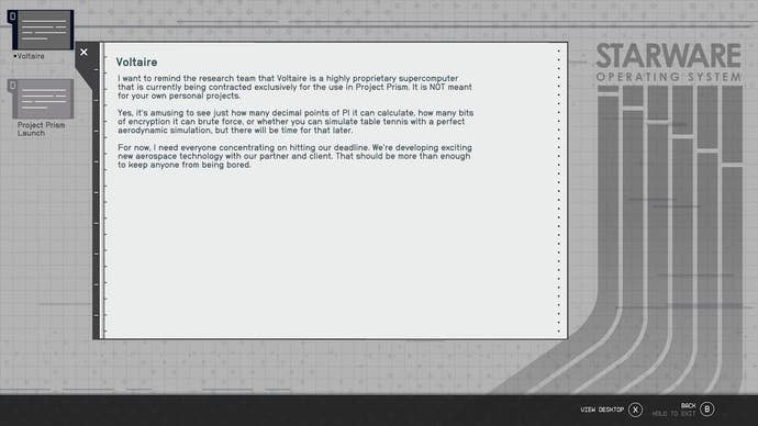 A Starfield screenshot of a computer terminal screen with lengthy dialogue in the form of supervisor email to scientists telling them to focus on work, and stop using the supercomputer to see how many decimal points it can calculate Pi to.