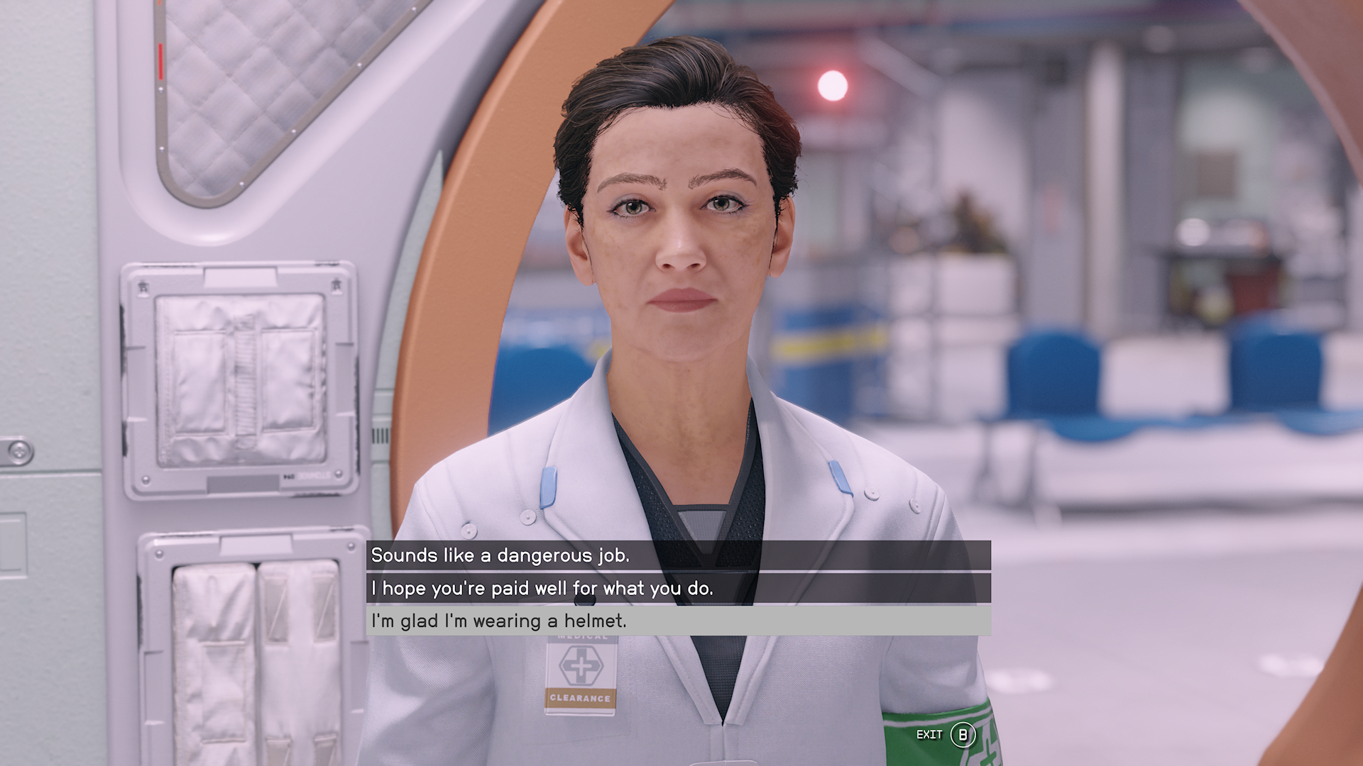 A conversation with a doctor in Starfield on a special medical space station with multiple dialogue options.