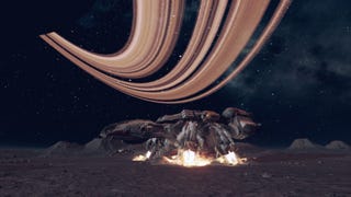 The Frontier starting spaceship lands on a planet in Starfield, under the orange rings of a gas giant