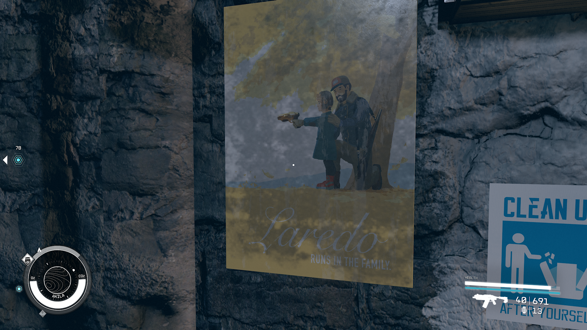 A poster about guns being in the family in the country western town of Akila City, in Freestar Collective space