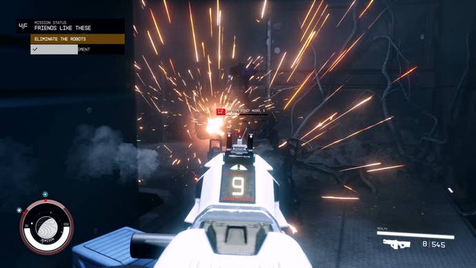 The player in Starfield shoots an automatic rifle at a robot enemy in a hallway.