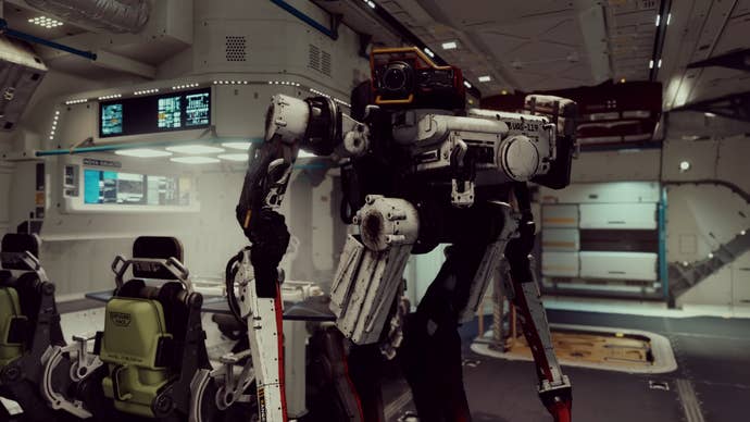 VASCO, a robot companion in Starfield, looks towards the camera while standing in the room of a spaceship.