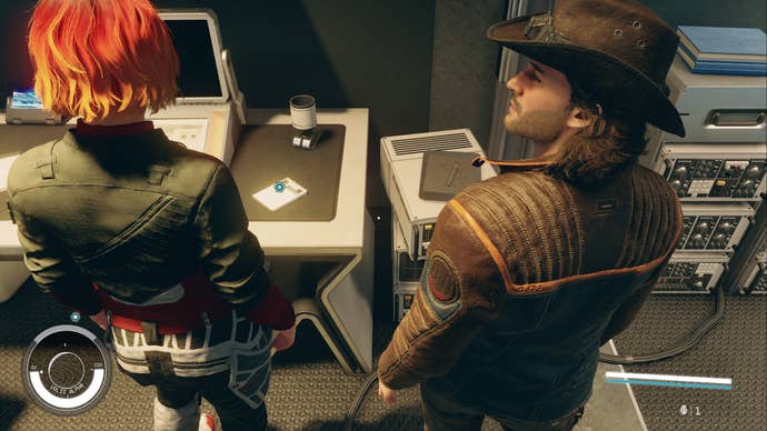 starfield sam coe and character on mission looking at encrypted slate