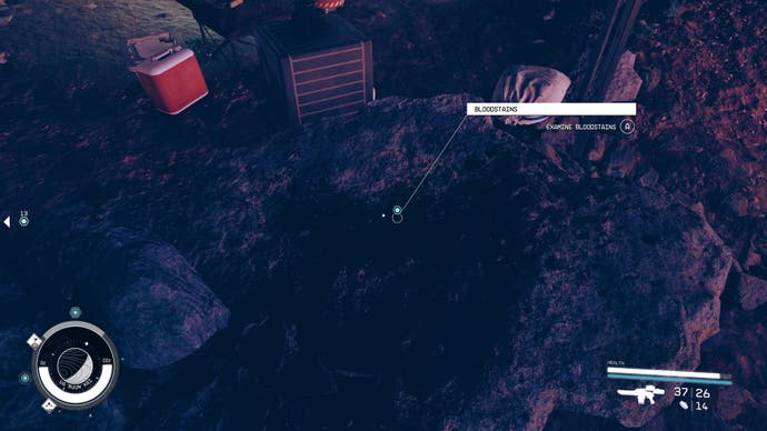 A screenshot of Bloodstains in the Abandoned Camp in Starfield's Shattered Space DLC.