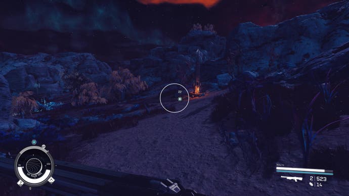 A waypoint shrine at night in Starfield's Shattered Space expansion.