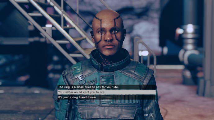The player speaks to Vaeric in Starfield's Shattered Space expansion.