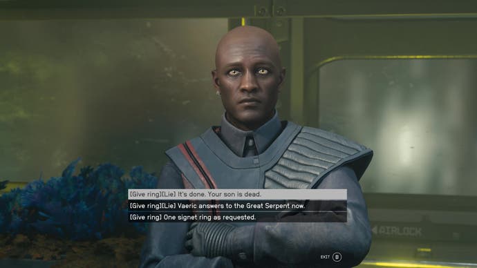 The player speaks to Viktor in Starfield's Shattered Space expansion.