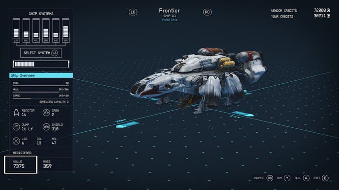 starfield sell ship screen ship value highlighted