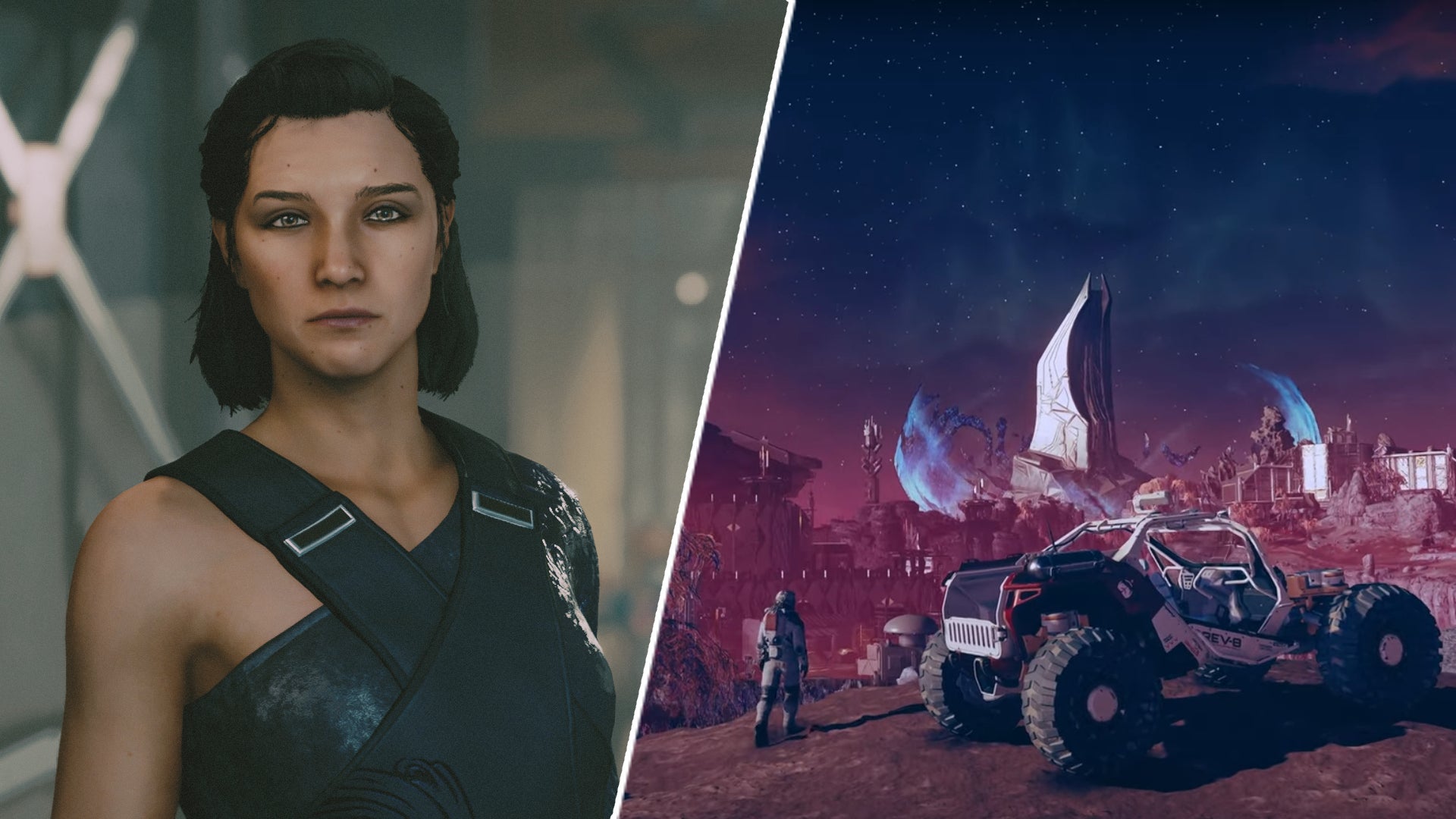 The player exploring House Va&rsquo;ruun&rsquo;s home planet in Starfield, alongside Andreja.