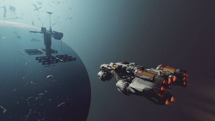 A ship in Starfield flies towards The Den, a space station.