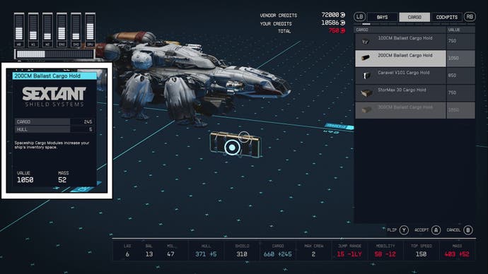 starfield ship builder cargo item stats