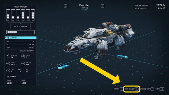 The Starfield ship menu, with the Ship Builder button highlighted in yellow.